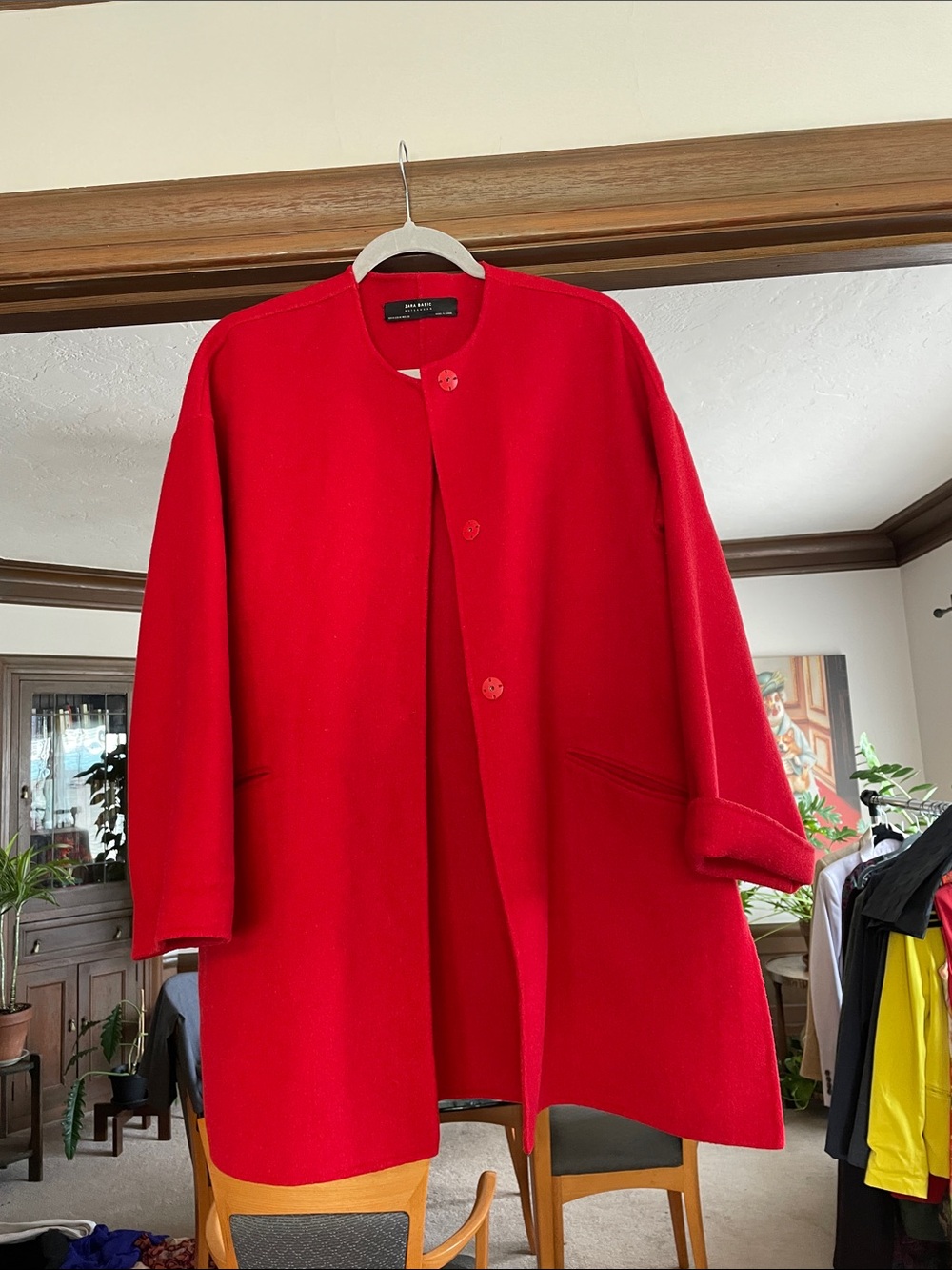 Zara Bright Red Collarless Wool Pea Coat